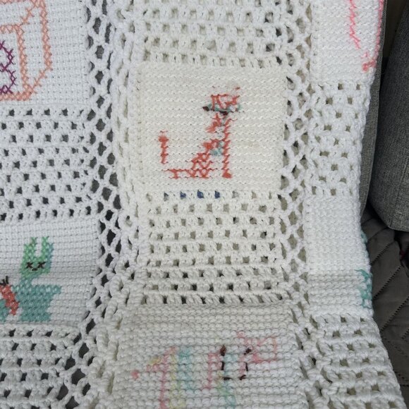 Handmade Crochet Baby Afghan Patchwork Granny Square Cross Stitch Detail - Picture 4 of 7
